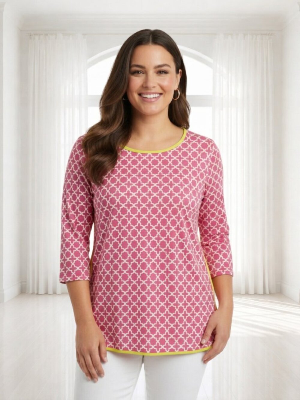 2 for $20 Ruby Rd. Geometric Bubblegum Pink Neon Yellow 3/4 Sleeve Blouse Top M
